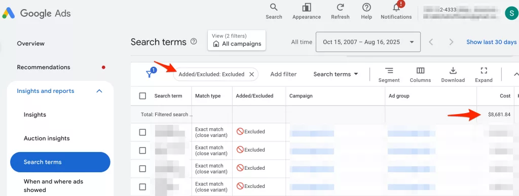 excluding $8000 google ads negative keywords
